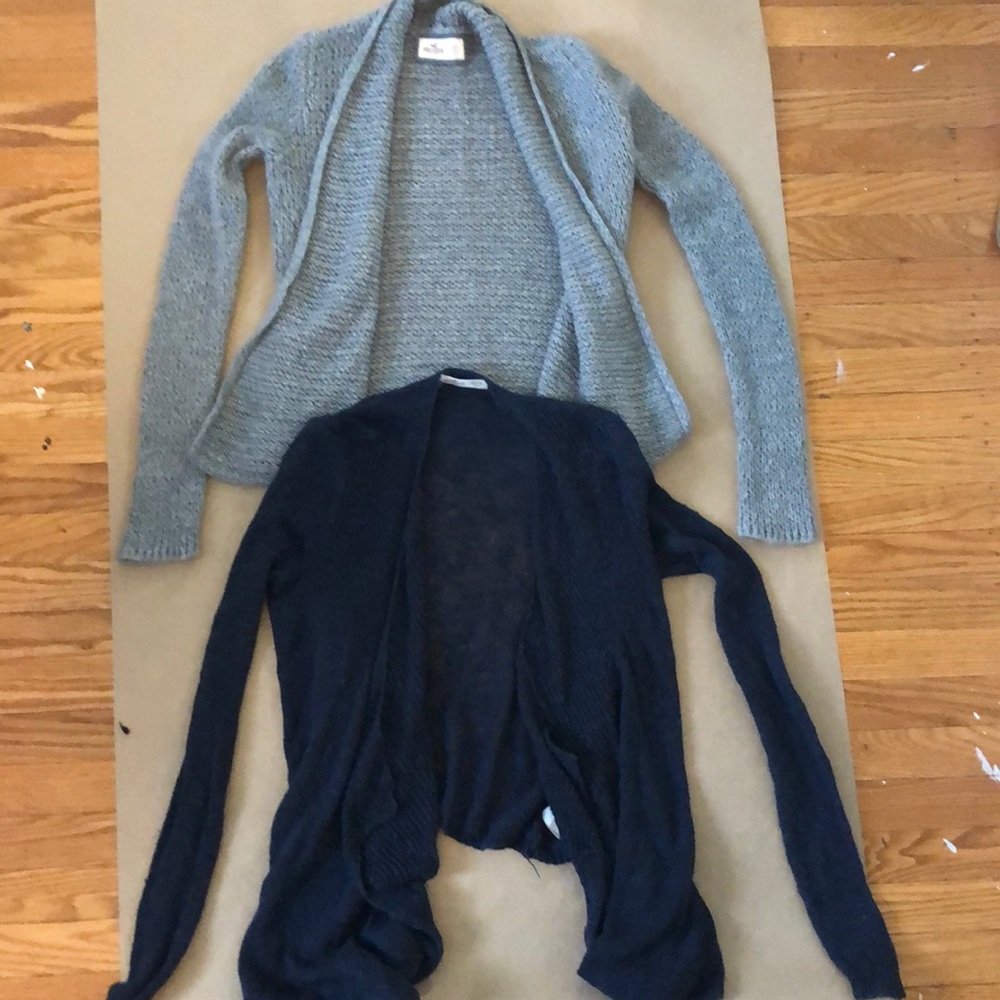 gray and navy cardigan